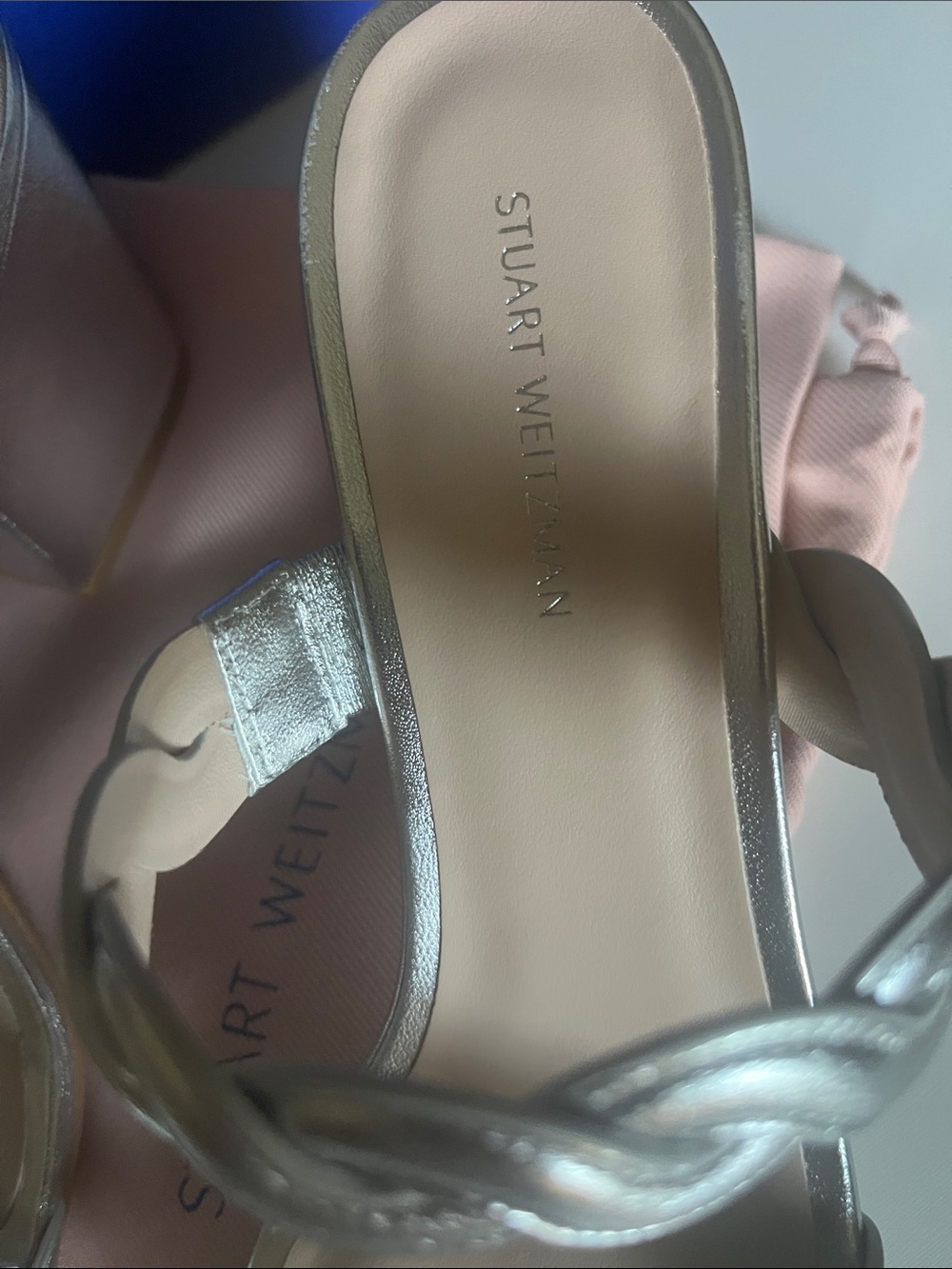 Size 7.5 Stuart Weitzman Metallic Silver Braided-Strap Slide Mules - Picture 4 of 11